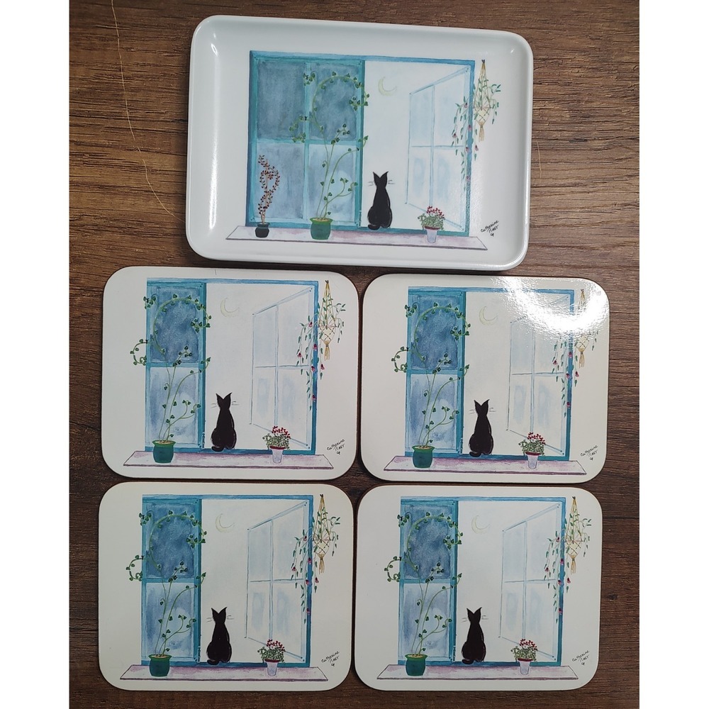 Cork Back 4 Coasters 1 Snack Tray Catherine Piret Black Cat in Window Lot D4